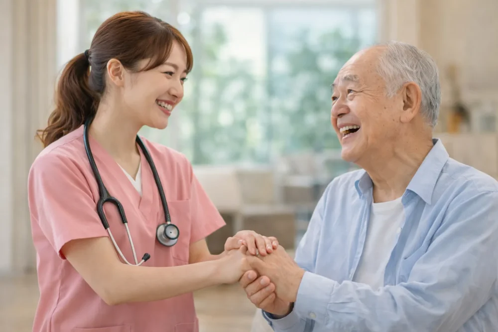 訪問看護をする看護師と利用者が笑顔で握手する様子