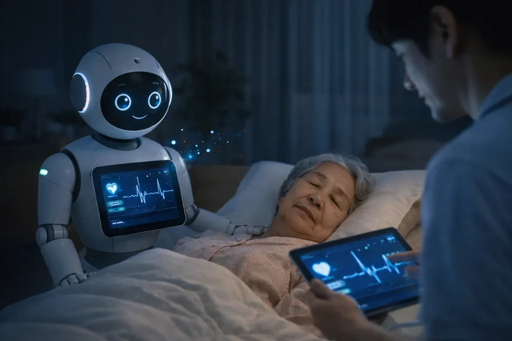 夜間に巡回してカメラやセンサーで利用者の体調の変化をチェックし、そっと介護士にデータを送るAI介護ロボット