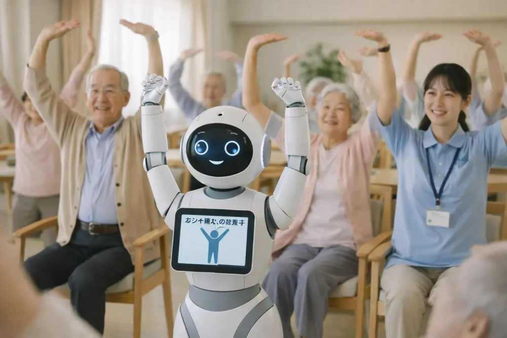 レクリエーションでラジオ体操を行うAI介護ロボットと利用者、介護士