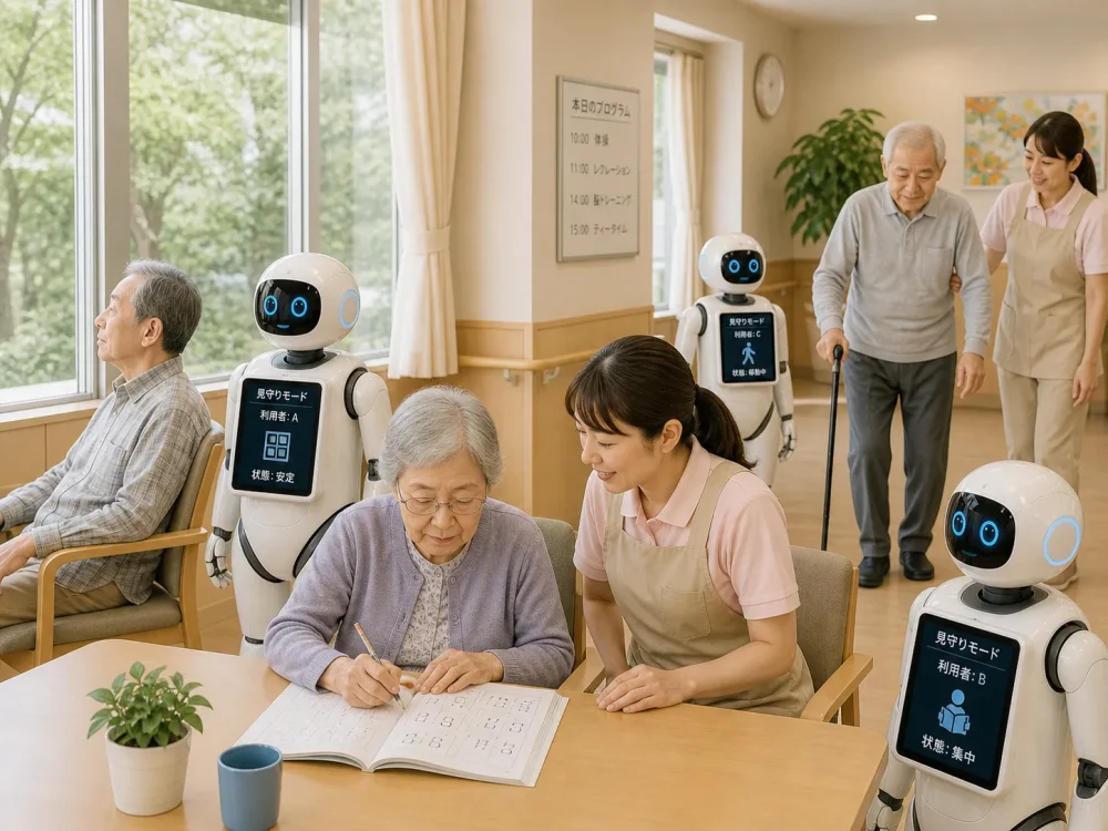 AIロボットと介護士が協力して個別ケアをする様子