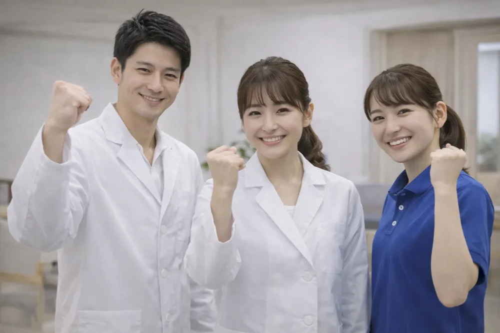 ガッツポーズをする歯科医師・歯科技工士・介護士