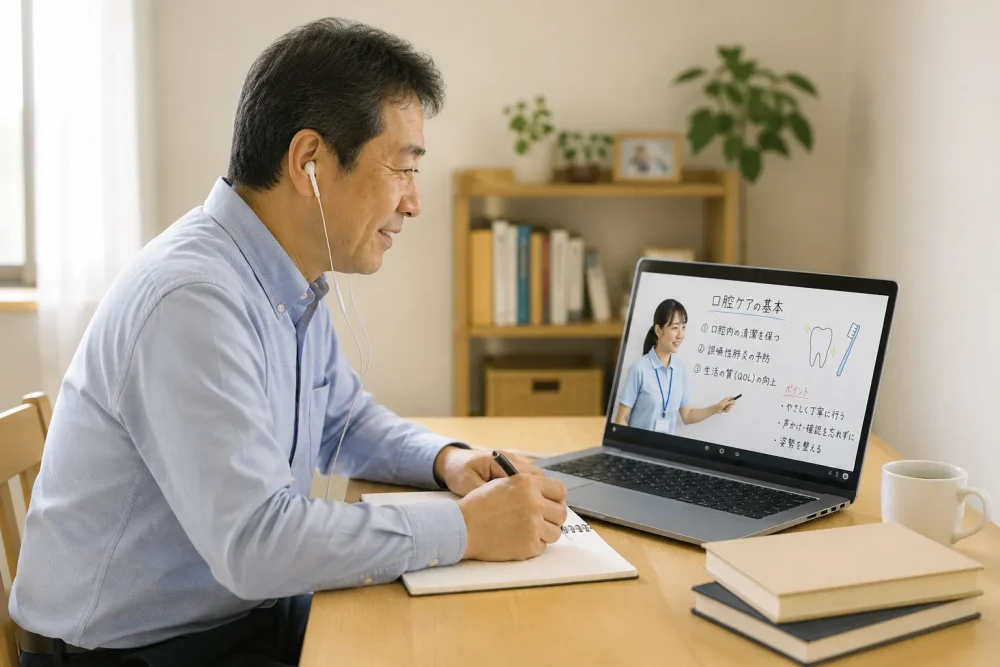 介護労働講習のオンライン授業を受講する男性