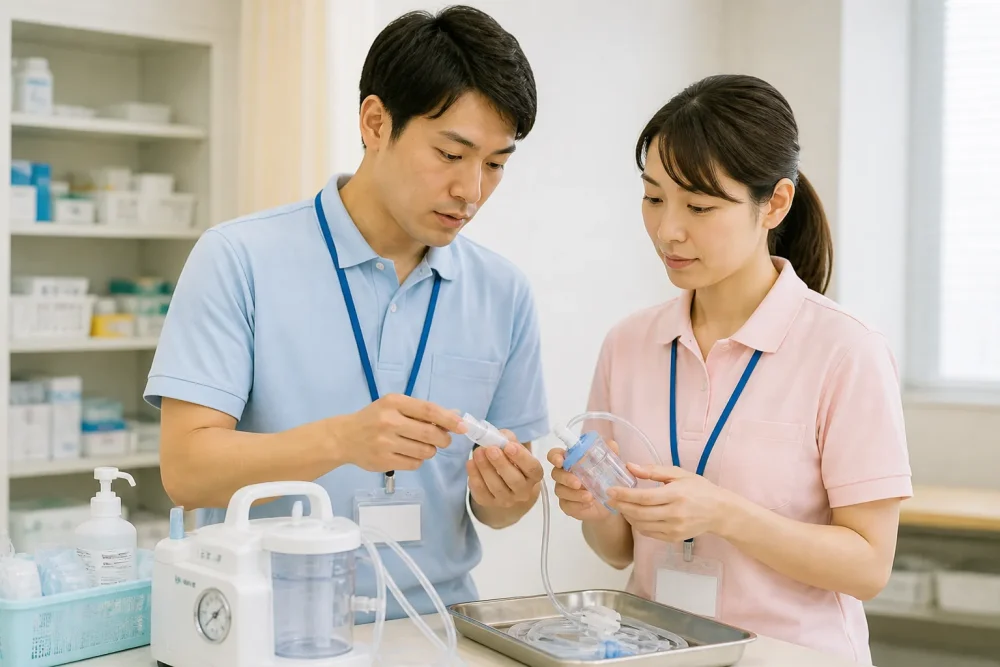 喀痰吸引を行うための道具をチェックする介護士たち
