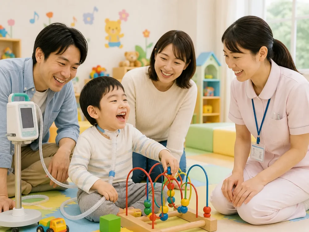医療的ケア児が家族と看護師のサポートを受けて元気に遊ぶ様子