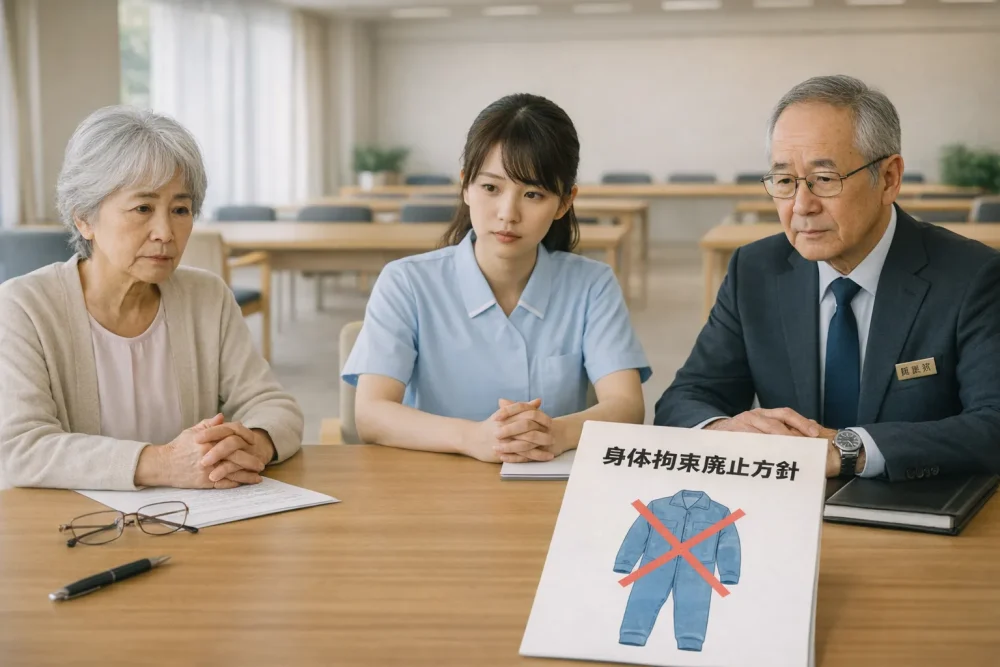 身体拘束とは何かを再確認する利用者と女性介護士、男性所長