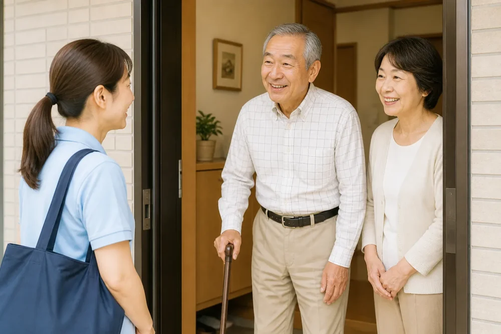訪問介護の女性介護士が訪問し利用者の家の玄関で利用者(男性)と家族(妻)にご挨拶する様子