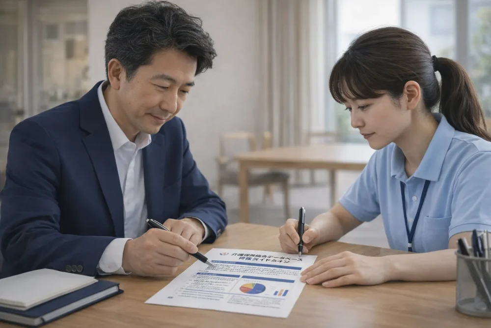 介護保険総合データベースの利用ガイドラインをチェックする施設長とケアマネジャー