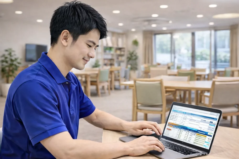 介護記録をPCで確認する男性介護士