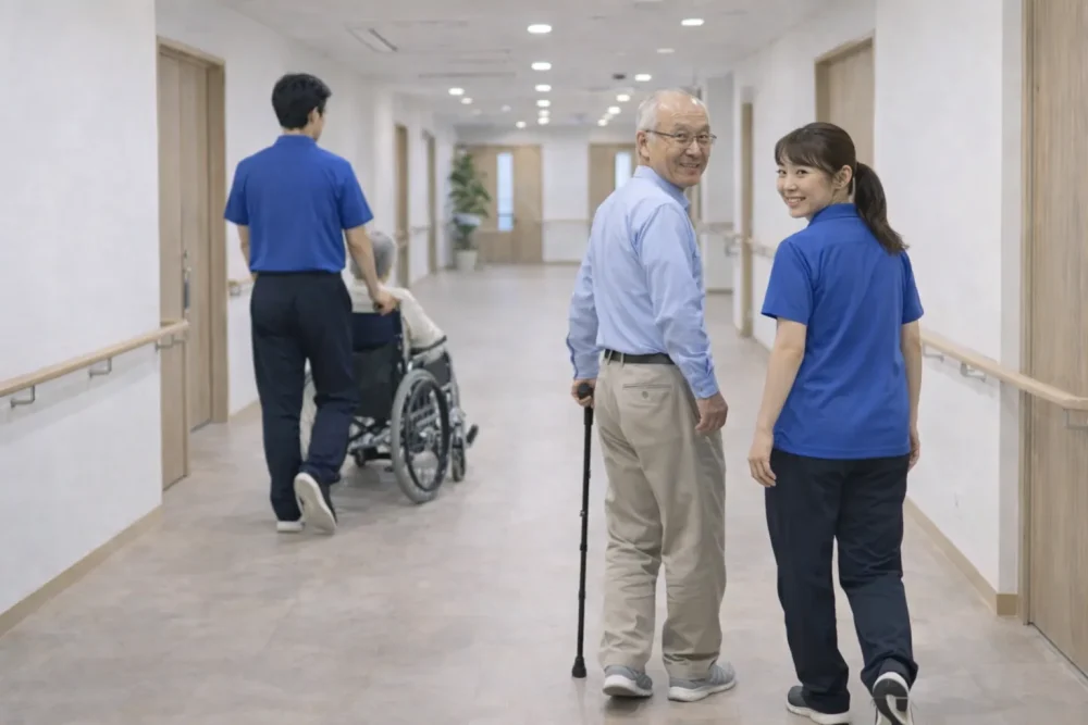 広く整理整頓された廊下で利用者と介護士がのびのびと移動する様子