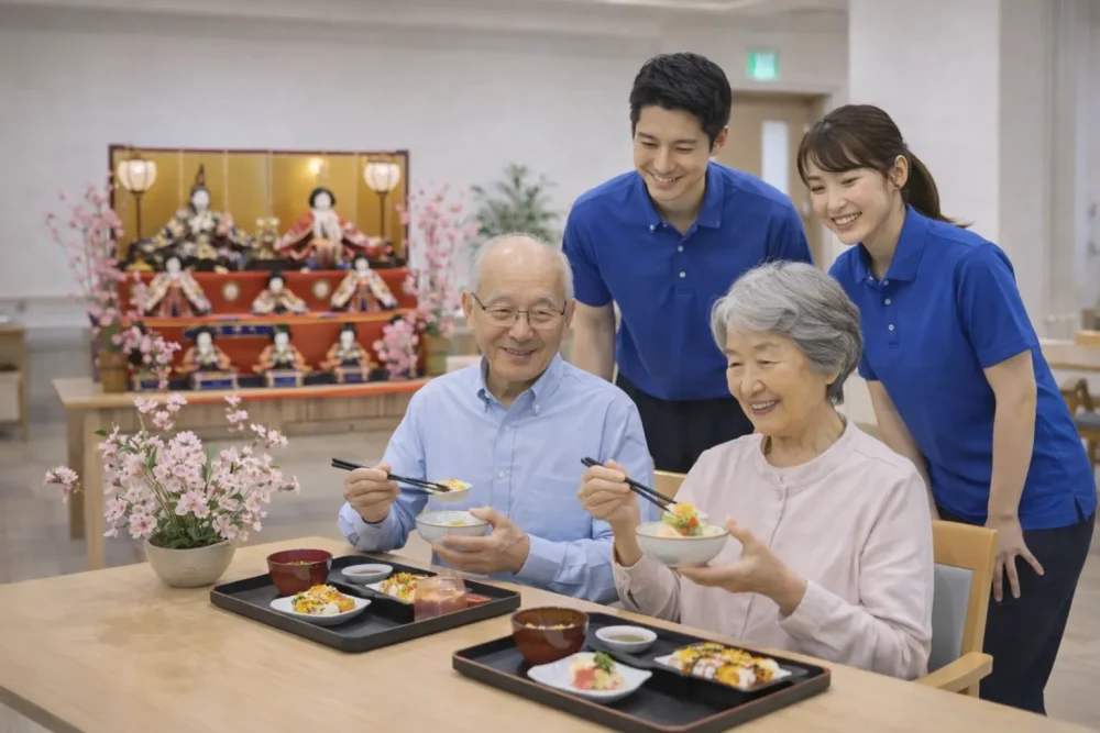 介護付き有料老人ホームでひなまつりの行事食を楽しむ利用者とそれを見守る介護士