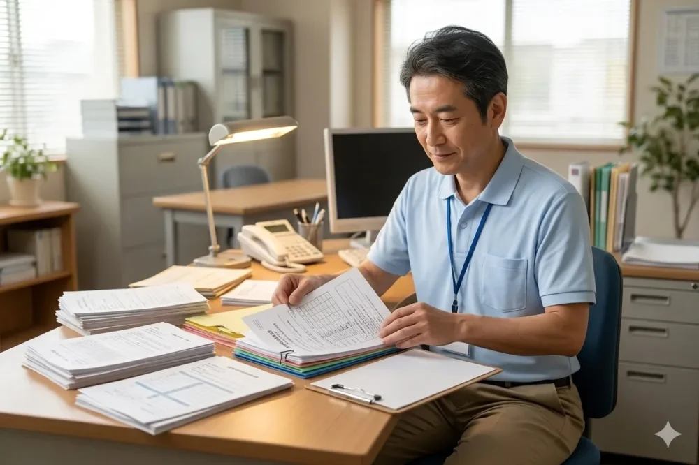 介護職員等処遇改善加算の申請書類をチェックする男性施設長