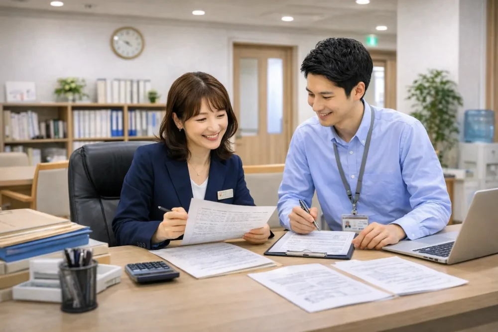 申請書類をチェックする女性施設長と男性事務員