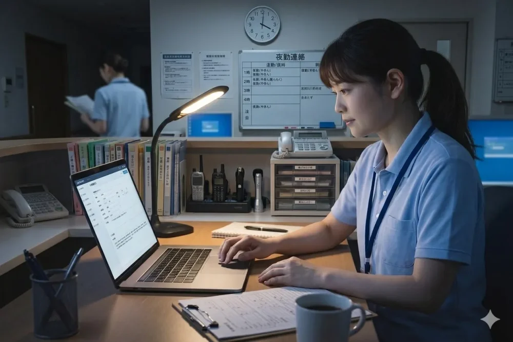 夜勤帯に介護記録を書く女性介護士