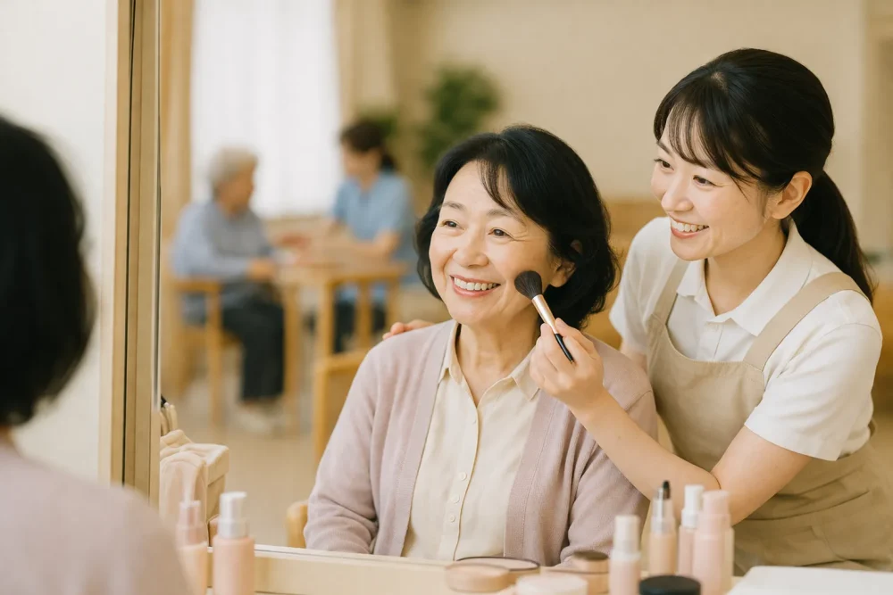 介護美容サービスを受けて喜ぶ利用者の女性