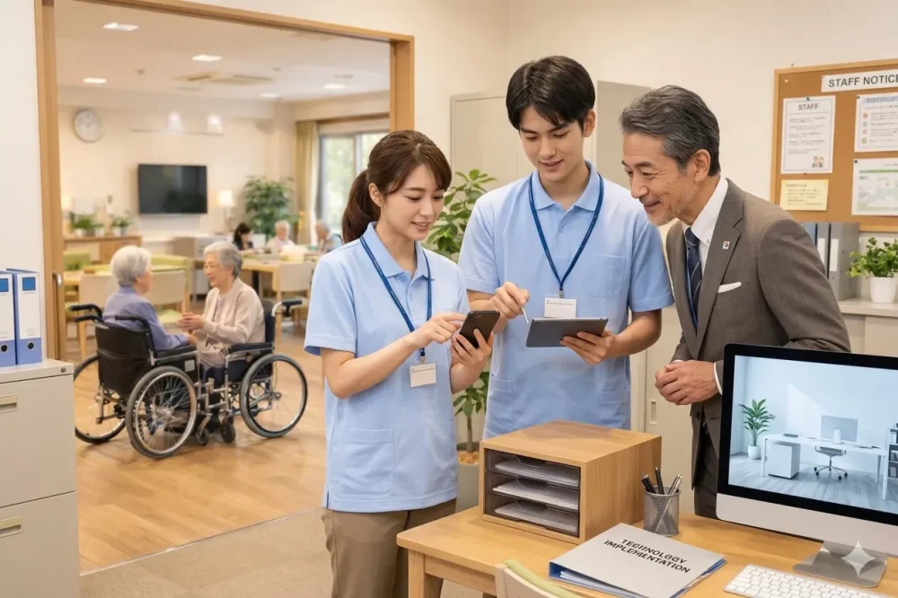 新しい介護アプリをお試し利用する施設長、ケアマネジャー、介護士