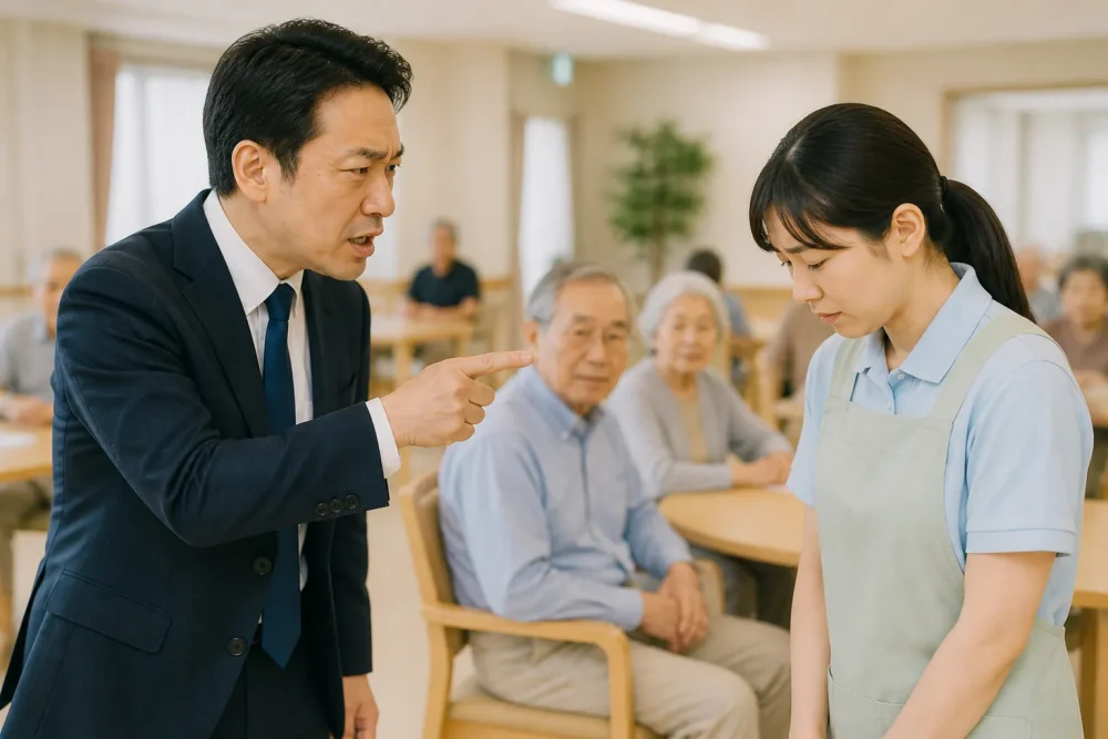 介護施設のデイルームにおいて利用者の前で叱責される女性介護士