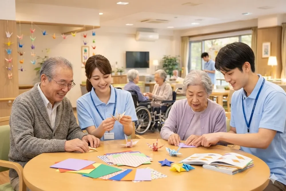 経営状態のよい介護施設で折り紙のレクリエーションをする様子