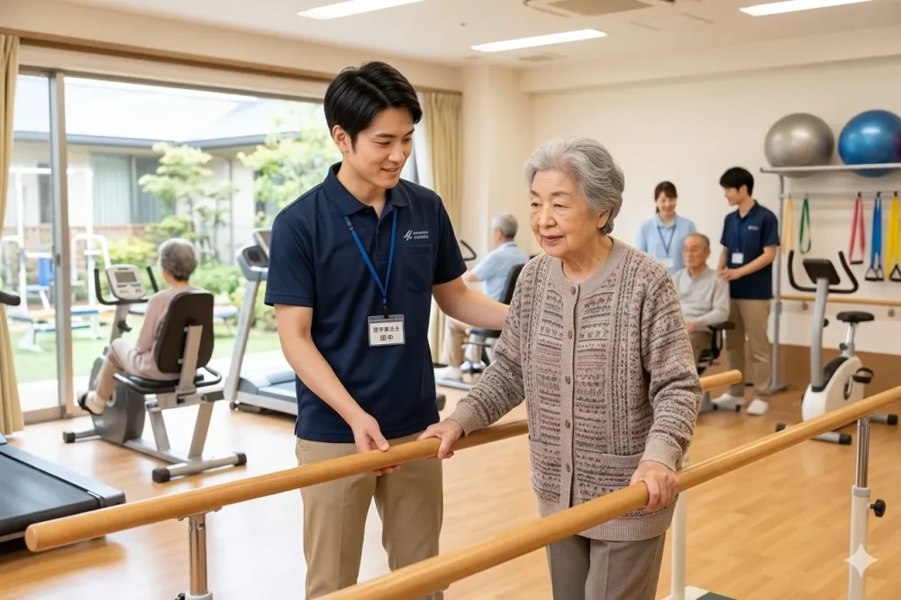 歩行リハビリを行う利用者とそれを見守る理学療法士