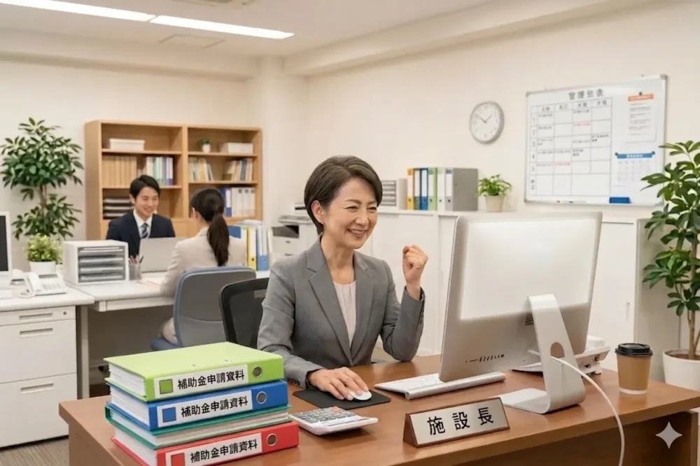 補助金がもらえるとわかって喜ぶ女性施設長