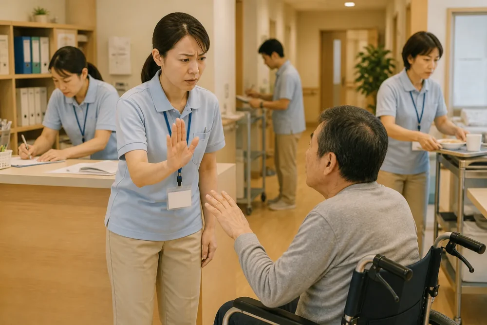 あまりに業務が多くストレスフルなため利用者からの依頼があっても待つように指示する女性介護士