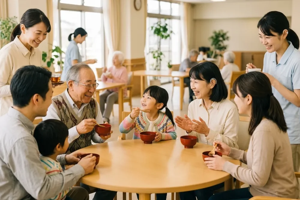宅幼老所のデイルームでおしるこを楽しそうに食べる高齢者・子ども・女性と見守る介護士